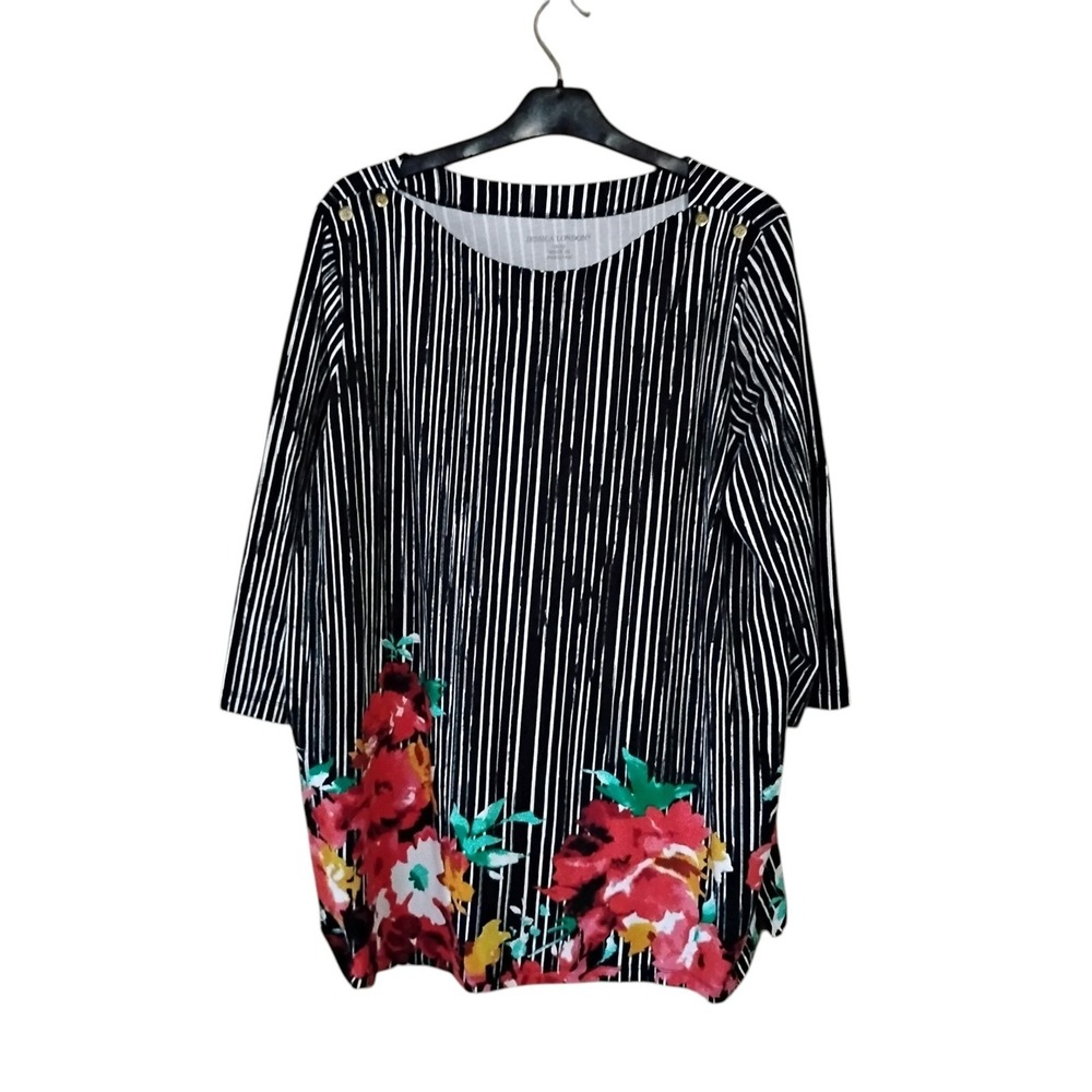 Jessica London Womens 18/20 Striped Floral Button Shoulder Tunic Top Black White